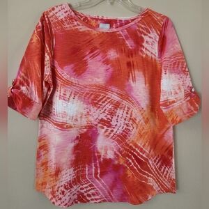 Chico's Pink & Orange Tie-Dye Roll-Tab Sleeve Top